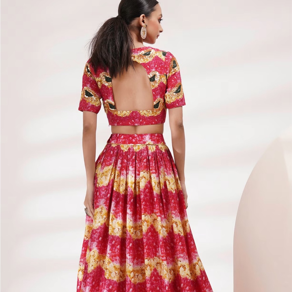 Vibrant Women's Lehenga Skirt Set in Red and Yellow - Picture 4 of 5